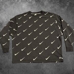 Nike Swoosh All Over Print Crewneck Sweatshirt Mens Medium Black White Logo